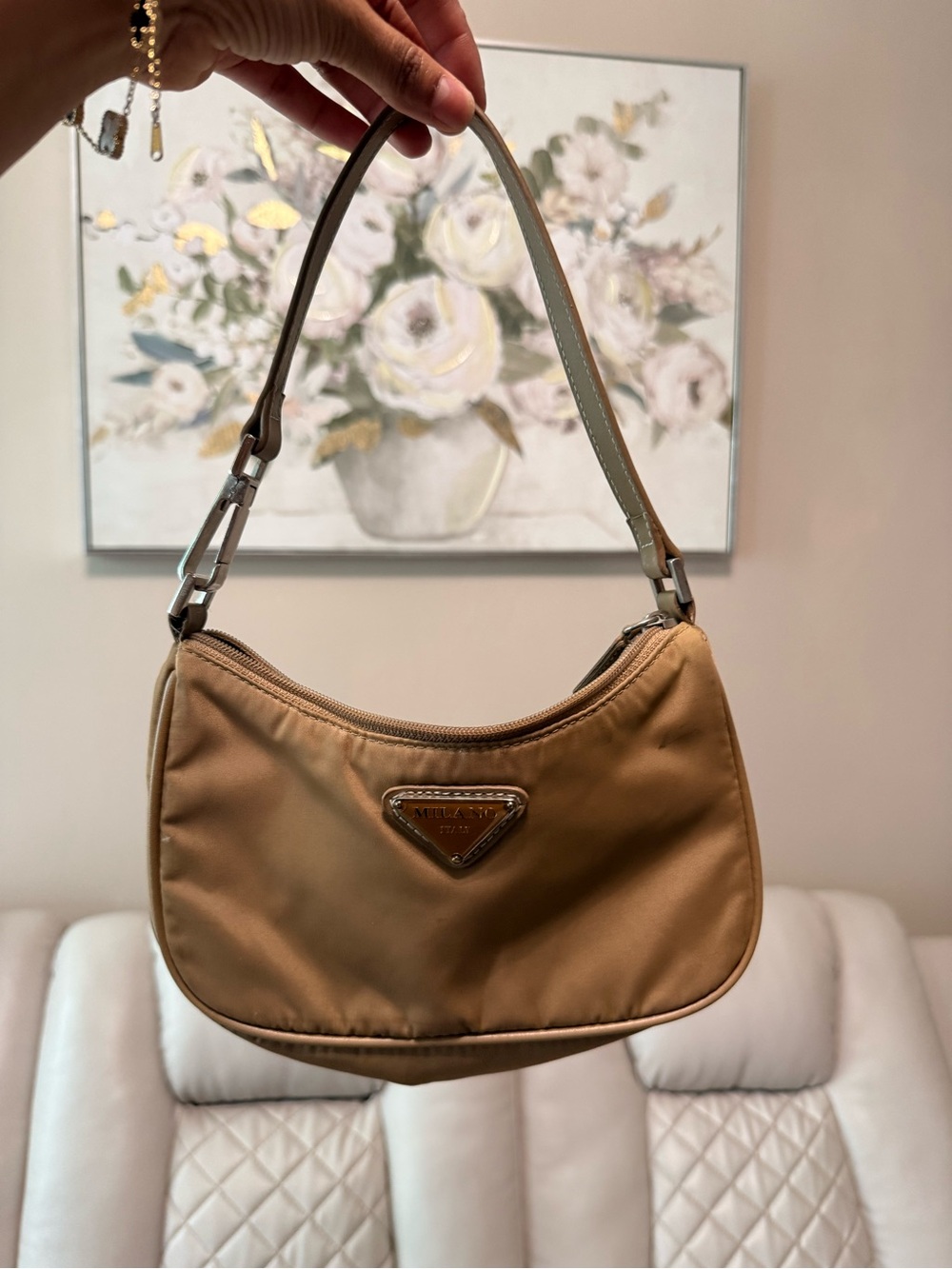 Milano Italy Small Shoulder Bag in Tan Nylon with Silver-Tone Hardware